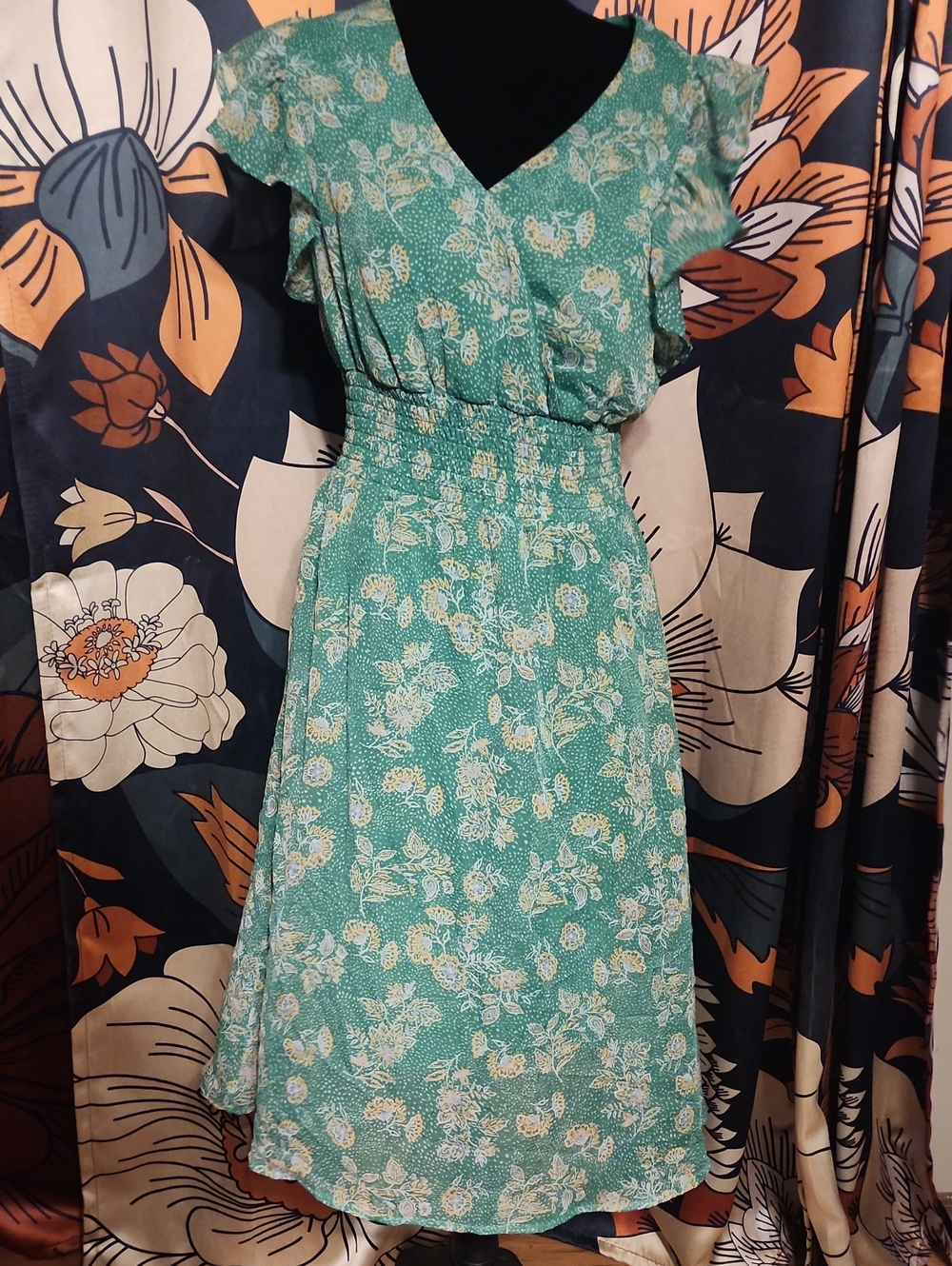 Sienna Sky Teal Floral Midi Dress with Yellow Accents